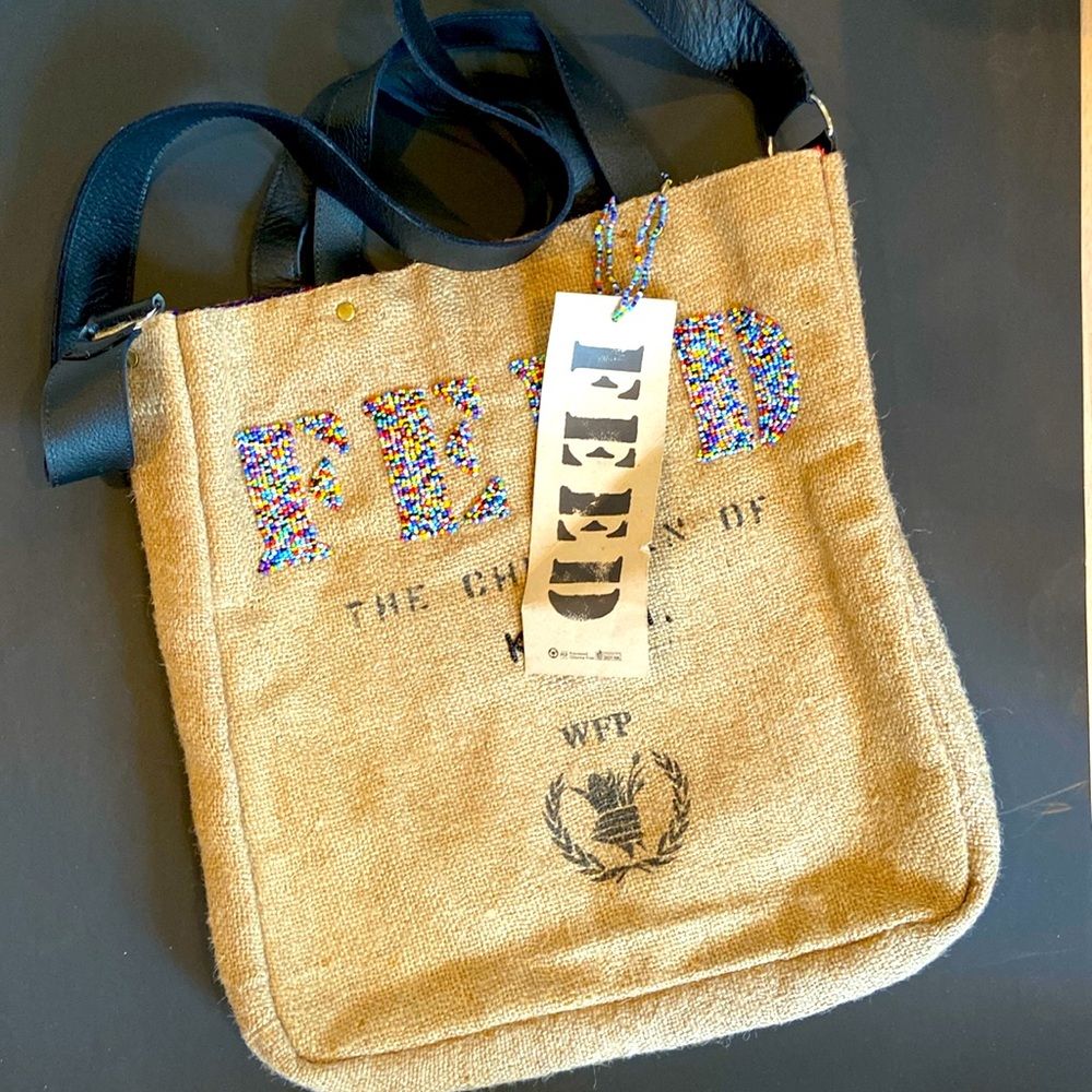 FEED Artisan Beaded Crossbody Burlap Bag